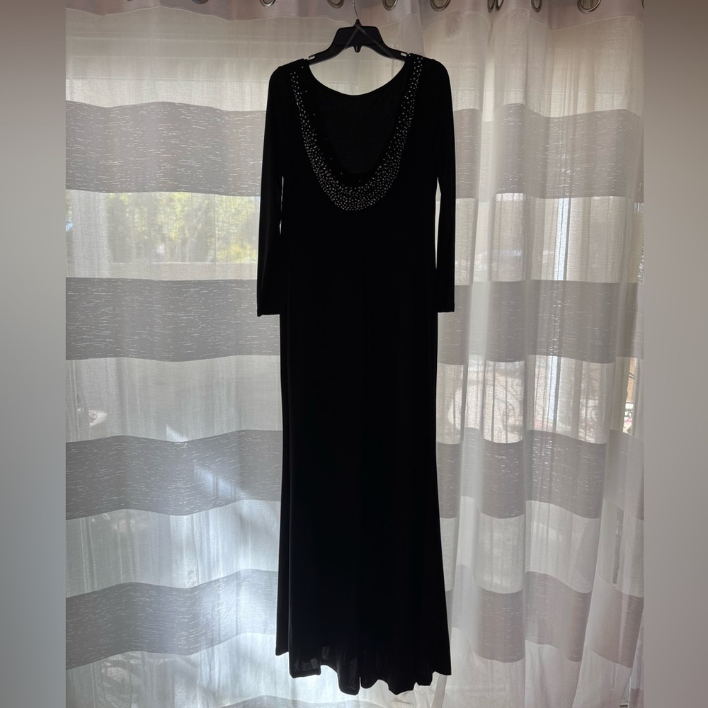 Long sleeve, rhinestone scoop back, floor length formal dress